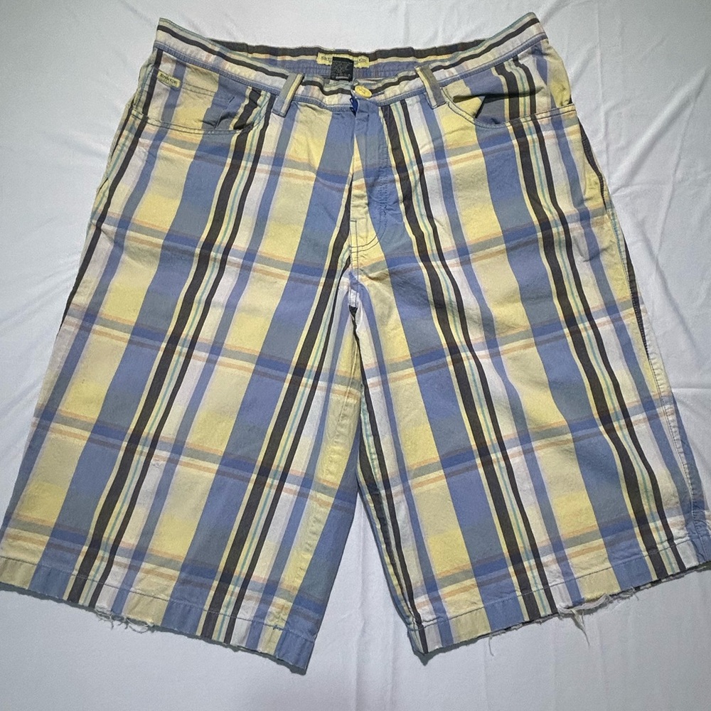 Vintage *DISTRESSED* Enyce Blue and Yellow Plaid Flat Front Shorts - Baggy